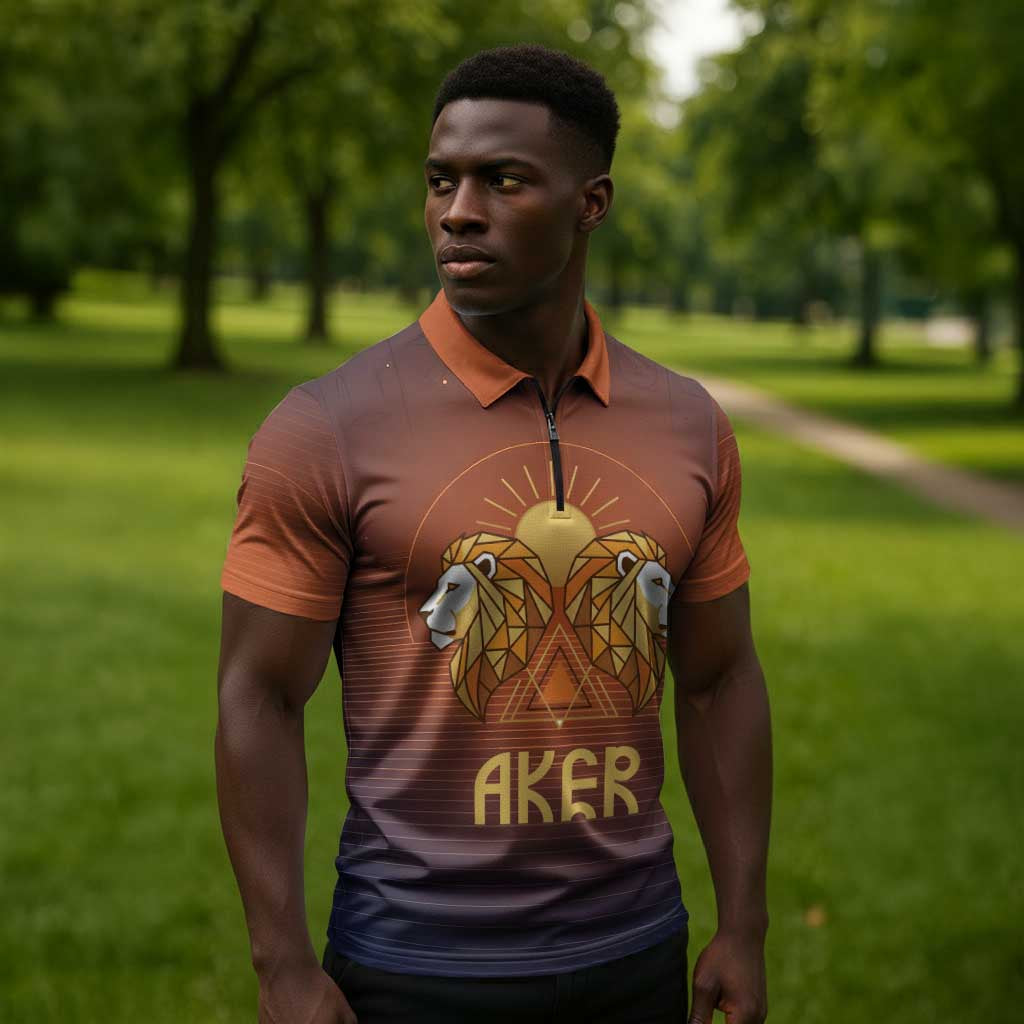 Aker Zipper Polo Shirt Ancient Egyptian Sunset Gradient, Twin Lion Guardians, and Solar Disc - Wonder Print Shop