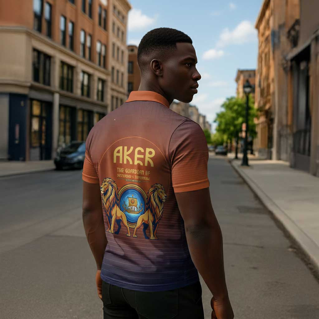 Aker Zipper Polo Shirt Ancient Egyptian Sunset Gradient, Twin Lion Guardians, and Solar Disc - Wonder Print Shop