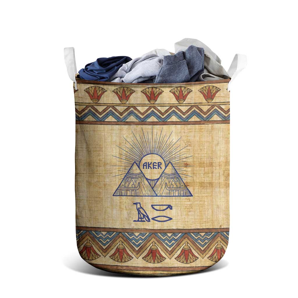 Aker Ancient Egyptian Laundry Basket with Hieroglyphic Pattern, Pyramid Symbol, and Twin Lion Guardians Motif - Wonder Print Shop