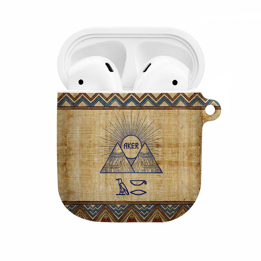 Aker Ancient Egyptian AirPods Case with Hieroglyphic Pattern, Pyramid Symbol, and Twin Lion Guardians Motif - Wonder Print Shop