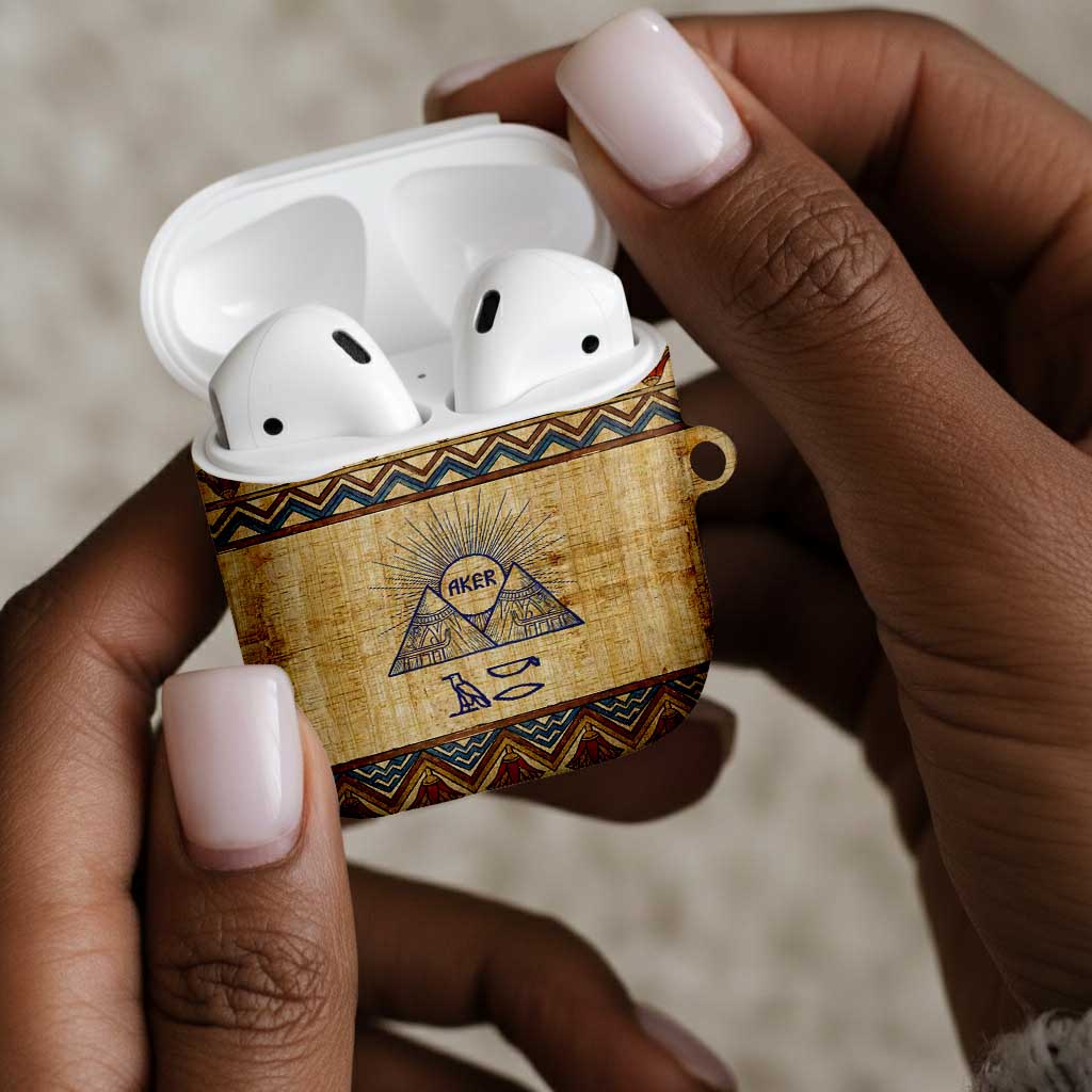 Aker Ancient Egyptian AirPods Case with Hieroglyphic Pattern, Pyramid Symbol, and Twin Lion Guardians Motif - Wonder Print Shop