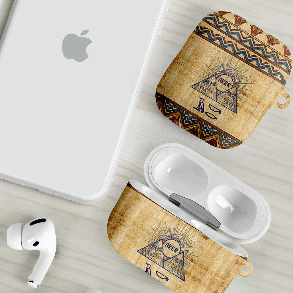 Aker Ancient Egyptian AirPods Case with Hieroglyphic Pattern, Pyramid Symbol, and Twin Lion Guardians Motif - Wonder Print Shop