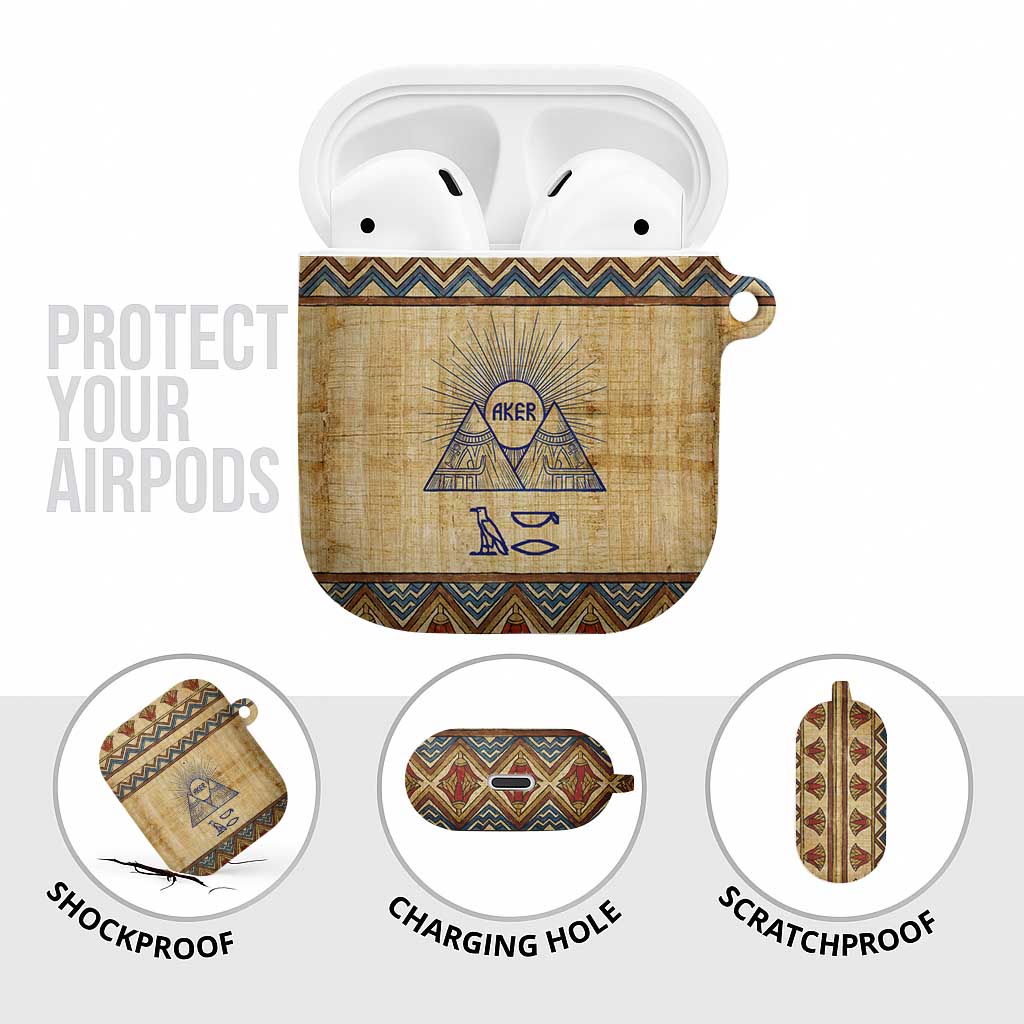 Aker Ancient Egyptian AirPods Case with Hieroglyphic Pattern, Pyramid Symbol, and Twin Lion Guardians Motif - Wonder Print Shop