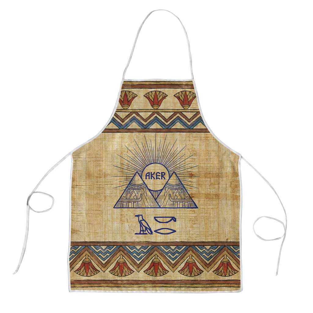Aker Ancient Egyptian Apron with Hieroglyphic Pattern, Pyramid Symbol, and Twin Lion Guardians Motif - Wonder Print Shop