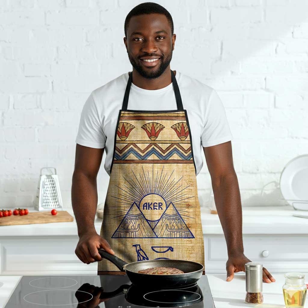 Aker Ancient Egyptian Apron with Hieroglyphic Pattern, Pyramid Symbol, and Twin Lion Guardians Motif - Wonder Print Shop