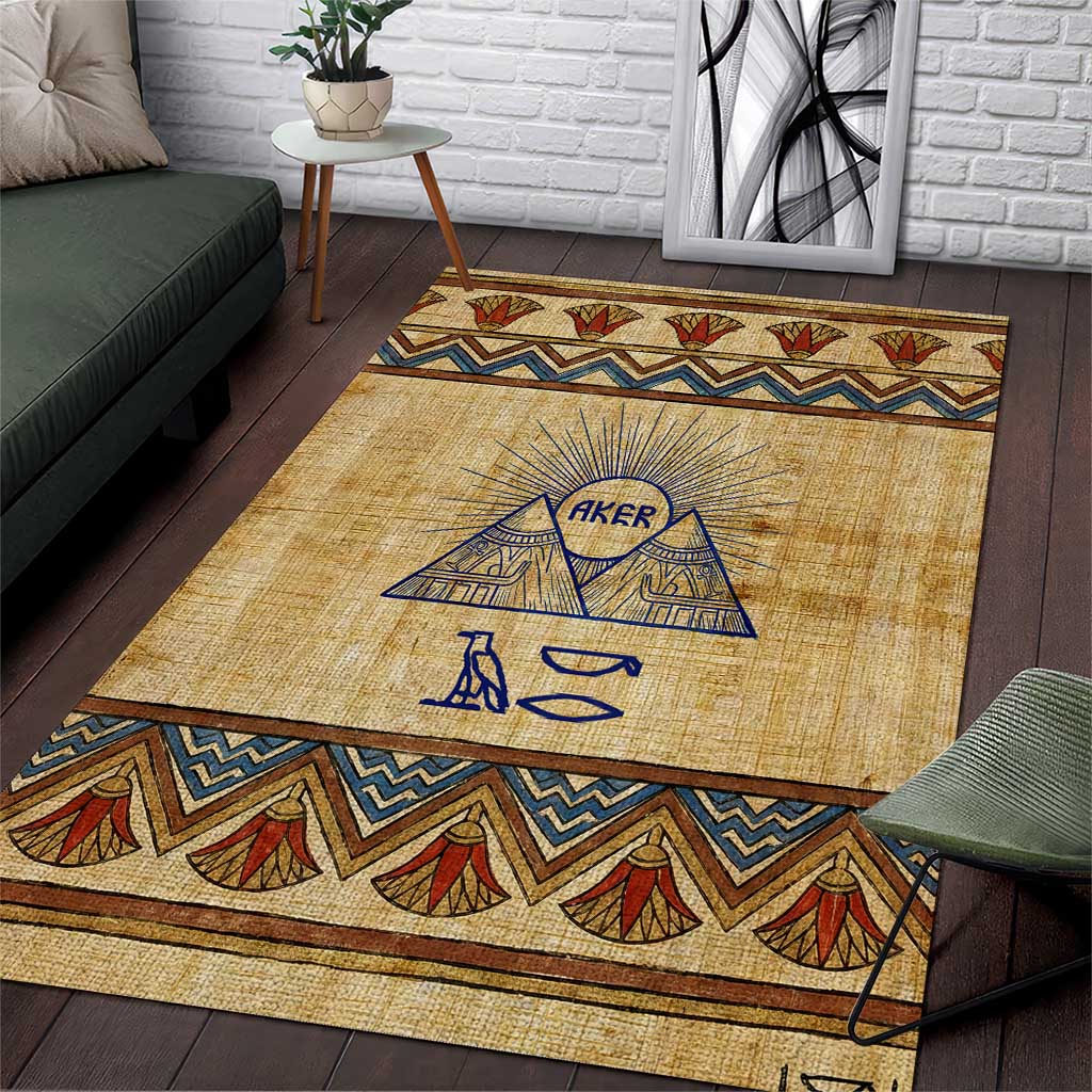 Aker Ancient Egyptian Area Rug with Hieroglyphic Pattern, Pyramid Symbol, and Twin Lion Guardians Motif - Wonder Print Shop