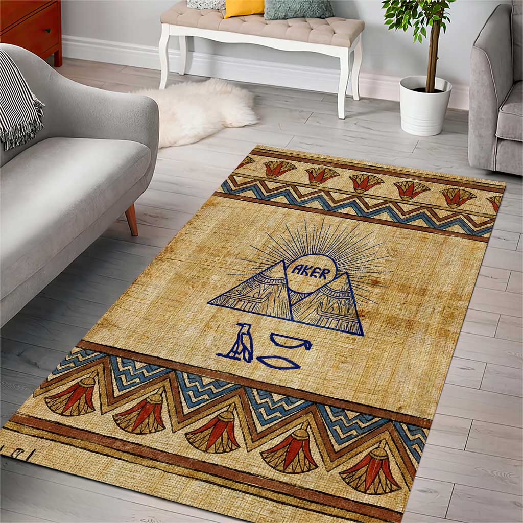 Aker Ancient Egyptian Area Rug with Hieroglyphic Pattern, Pyramid Symbol, and Twin Lion Guardians Motif - Wonder Print Shop