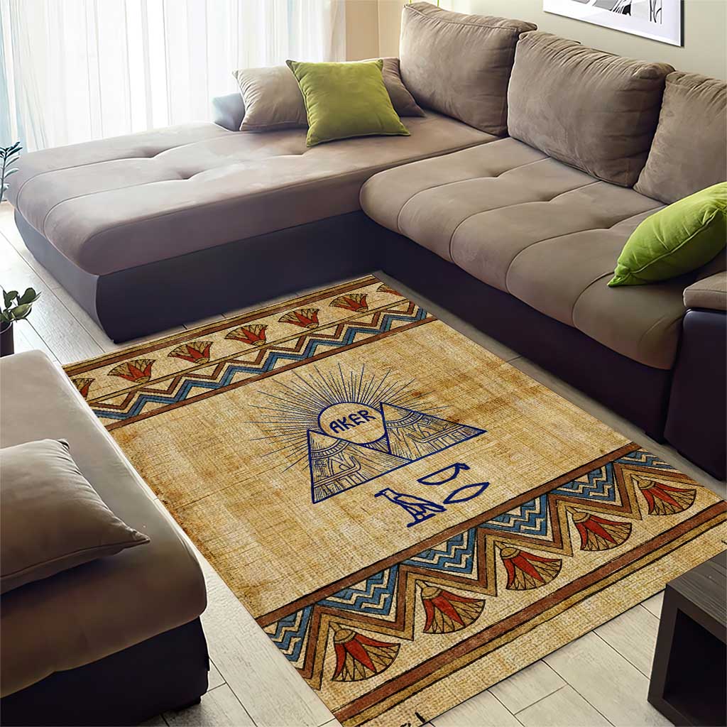 Aker Ancient Egyptian Area Rug with Hieroglyphic Pattern, Pyramid Symbol, and Twin Lion Guardians Motif - Wonder Print Shop