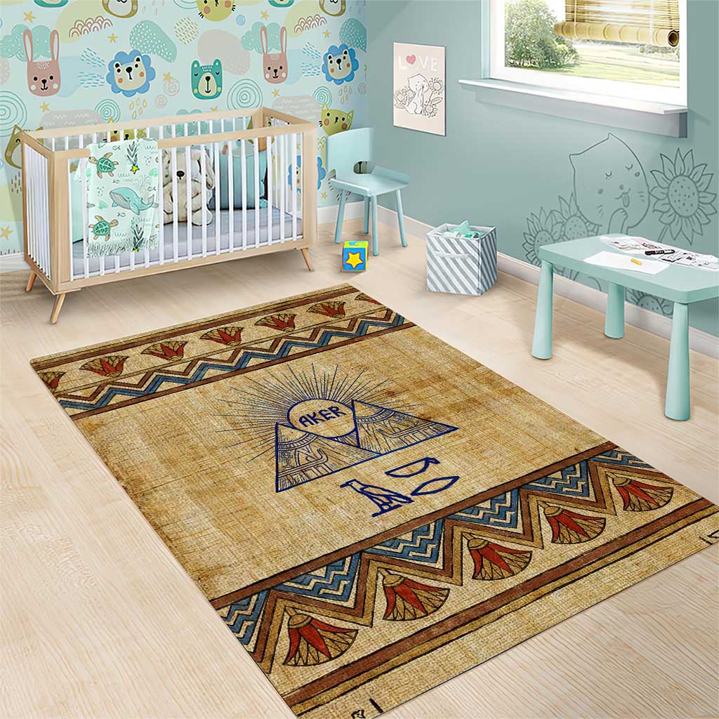 Aker Ancient Egyptian Area Rug with Hieroglyphic Pattern, Pyramid Symbol, and Twin Lion Guardians Motif - Wonder Print Shop