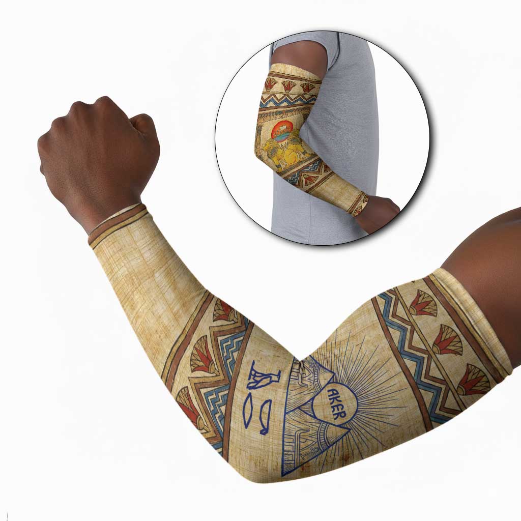 Aker Ancient Egyptian Arm Sleeves with Hieroglyphic Pattern, Pyramid Symbol, and Twin Lion Guardians Motif - Wonder Print Shop