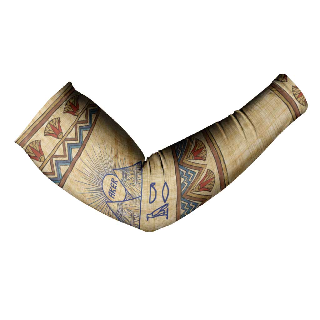 Aker Ancient Egyptian Arm Sleeves with Hieroglyphic Pattern, Pyramid Symbol, and Twin Lion Guardians Motif - Wonder Print Shop