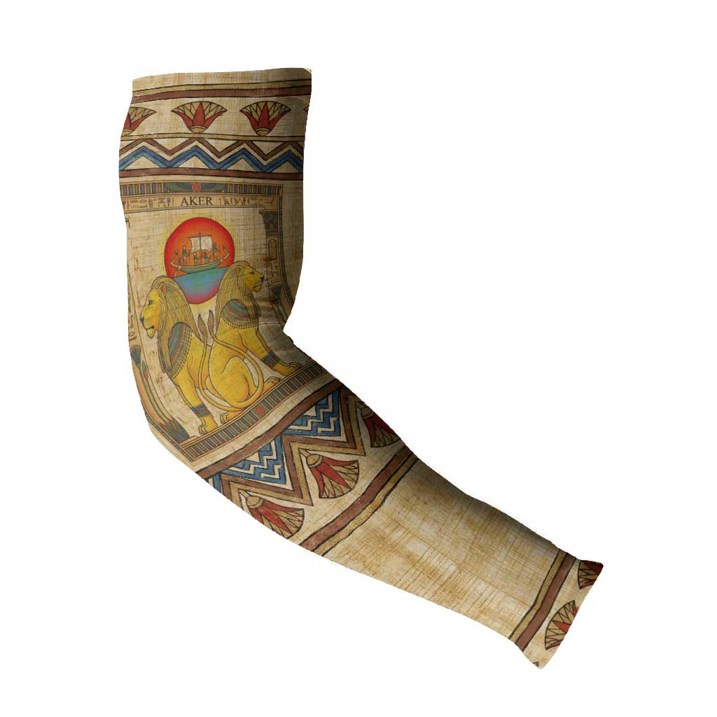 Aker Ancient Egyptian Arm Sleeves with Hieroglyphic Pattern, Pyramid Symbol, and Twin Lion Guardians Motif - Wonder Print Shop
