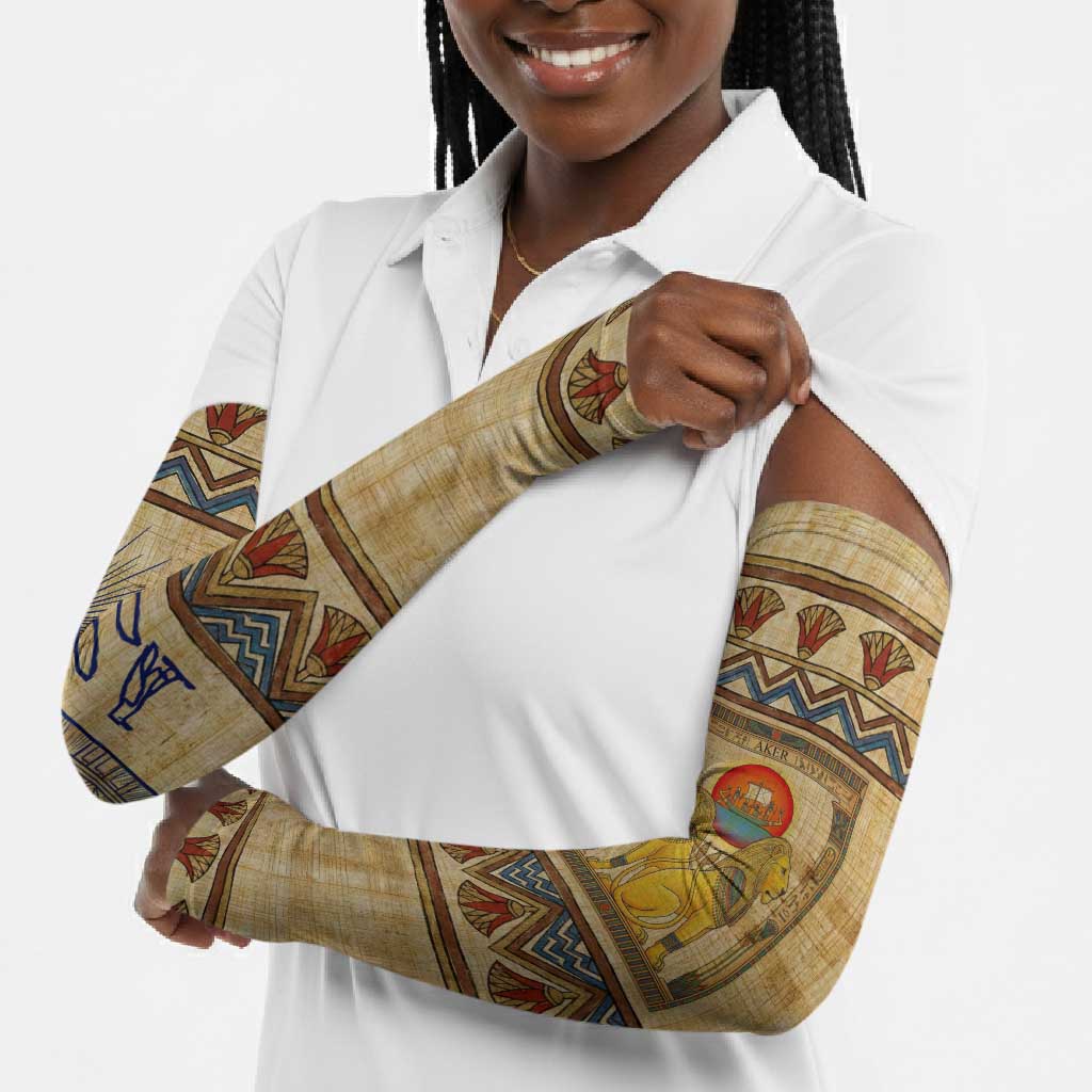 Aker Ancient Egyptian Arm Sleeves with Hieroglyphic Pattern, Pyramid Symbol, and Twin Lion Guardians Motif - Wonder Print Shop