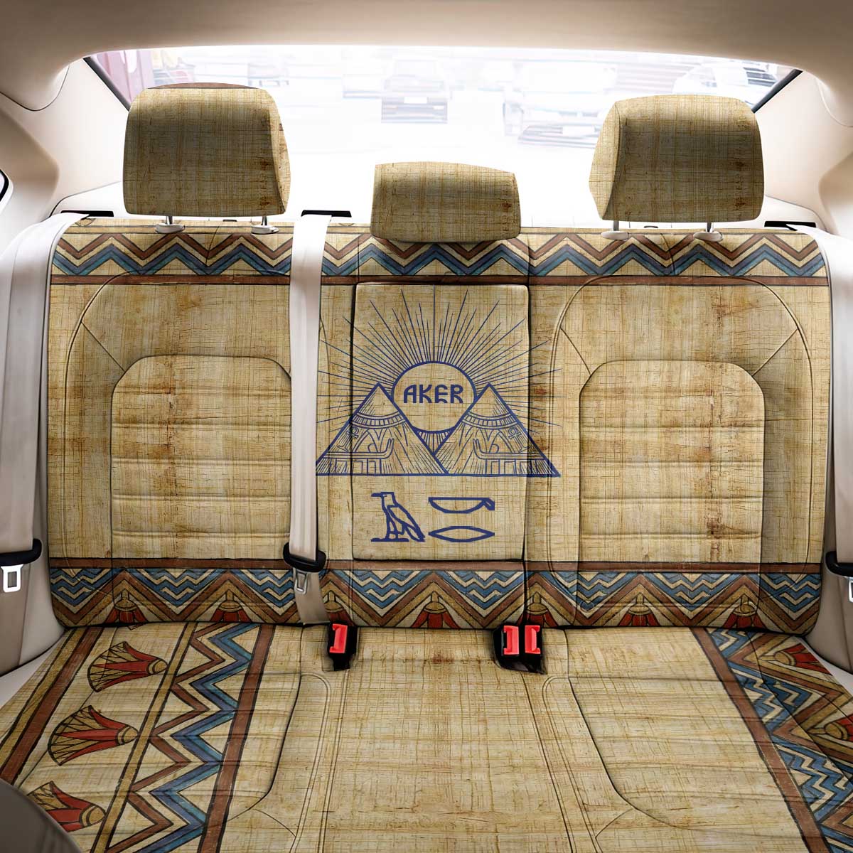 Aker Ancient Egyptian Back Car Seat Cover with Hieroglyphic Pattern, Pyramid Symbol, and Twin Lion Guardians Motif - Wonder Print Shop