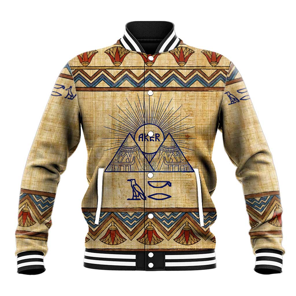 Aker Ancient Egyptian Baseball Jacket with Hieroglyphic Pattern, Pyramid Symbol, and Twin Lion Guardians Motif - Wonder Print Shop