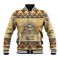Aker Ancient Egyptian Baseball Jacket with Hieroglyphic Pattern, Pyramid Symbol, and Twin Lion Guardians Motif - Wonder Print Shop