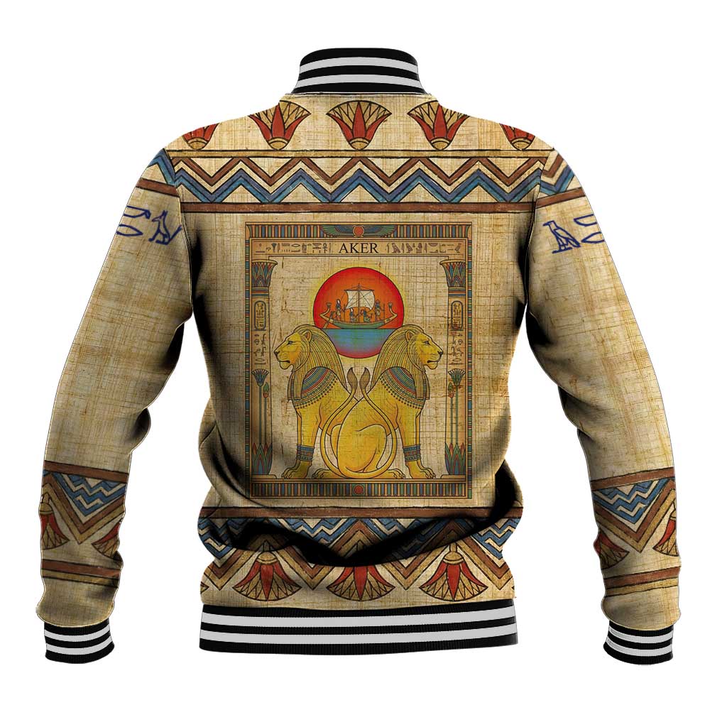 Aker Ancient Egyptian Baseball Jacket with Hieroglyphic Pattern, Pyramid Symbol, and Twin Lion Guardians Motif - Wonder Print Shop
