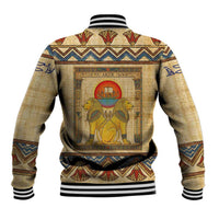 Aker Ancient Egyptian Baseball Jacket with Hieroglyphic Pattern, Pyramid Symbol, and Twin Lion Guardians Motif - Wonder Print Shop