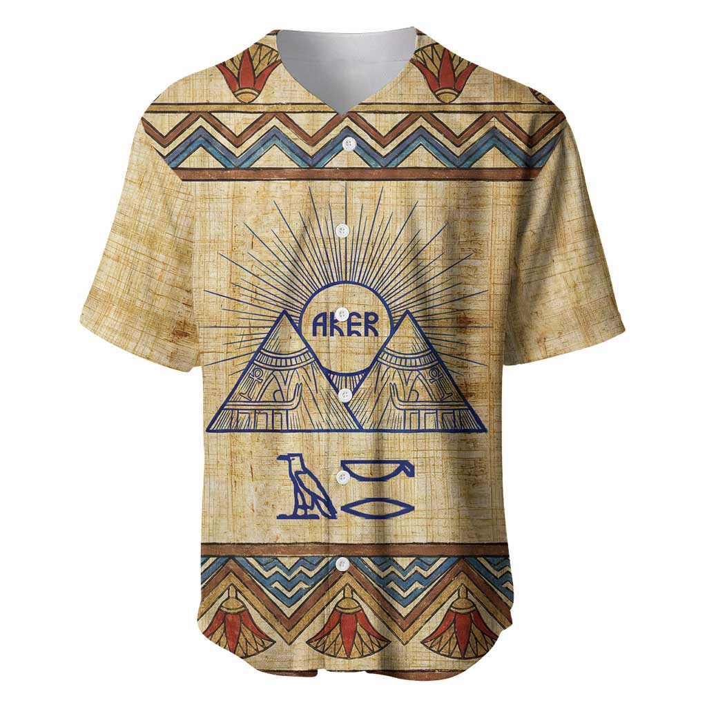 Aker Ancient Egyptian Baseball Jersey with Hieroglyphic Pattern, Pyramid Symbol, and Twin Lion Guardians Motif - Wonder Print Shop
