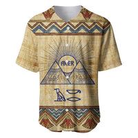 Aker Ancient Egyptian Baseball Jersey with Hieroglyphic Pattern, Pyramid Symbol, and Twin Lion Guardians Motif - Wonder Print Shop
