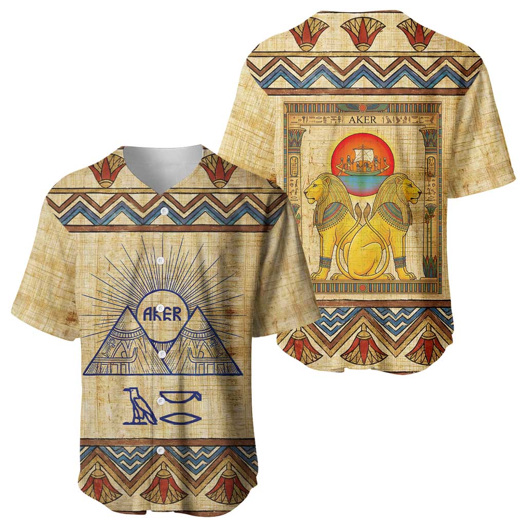 Aker Ancient Egyptian Baseball Jersey with Hieroglyphic Pattern, Pyramid Symbol, and Twin Lion Guardians Motif - Wonder Print Shop