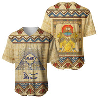 Aker Ancient Egyptian Baseball Jersey with Hieroglyphic Pattern, Pyramid Symbol, and Twin Lion Guardians Motif - Wonder Print Shop