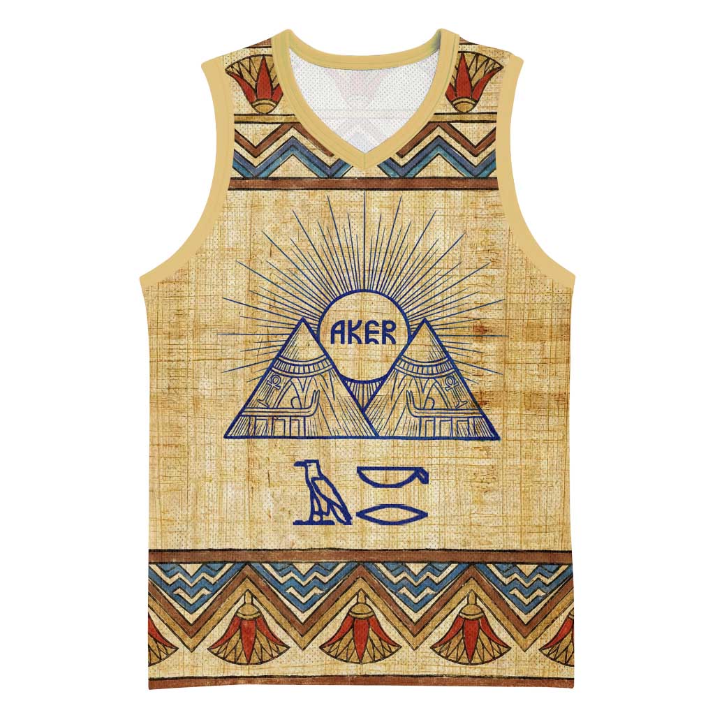 Aker Ancient Egyptian Basketball Jersey with Hieroglyphic Pattern, Pyramid Symbol, and Twin Lion Guardians Motif - Wonder Print Shop