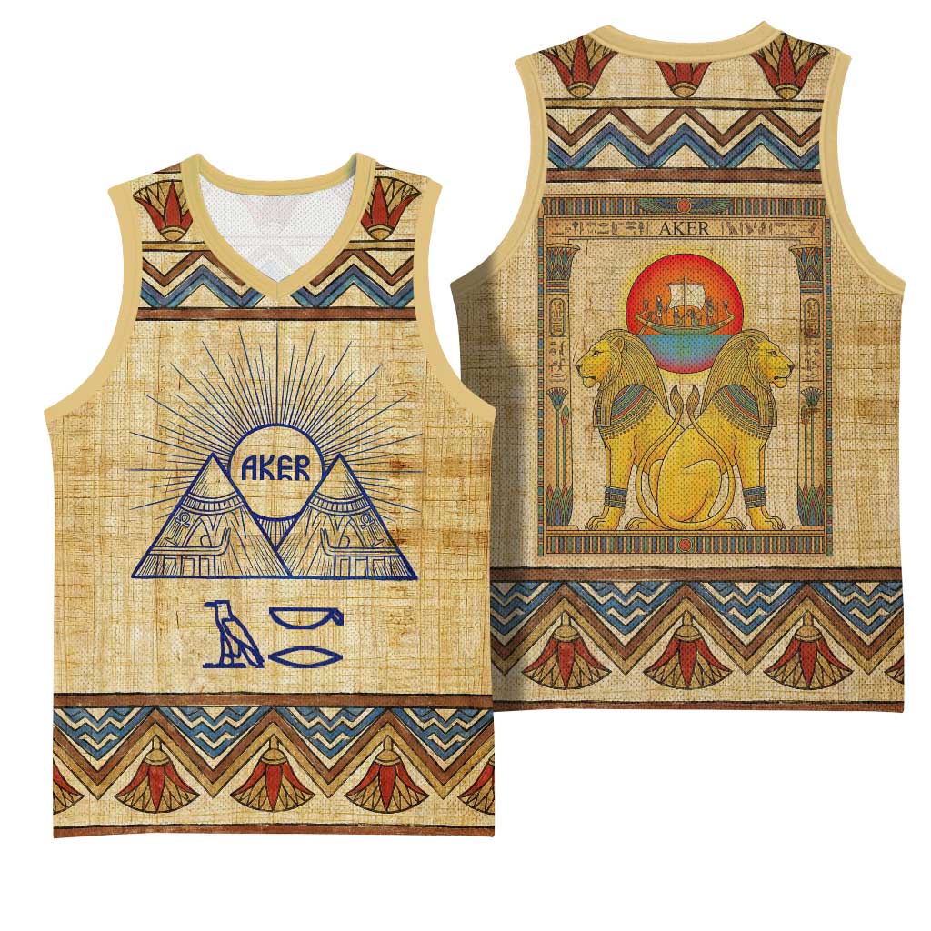 Aker Ancient Egyptian Basketball Jersey with Hieroglyphic Pattern, Pyramid Symbol, and Twin Lion Guardians Motif - Wonder Print Shop