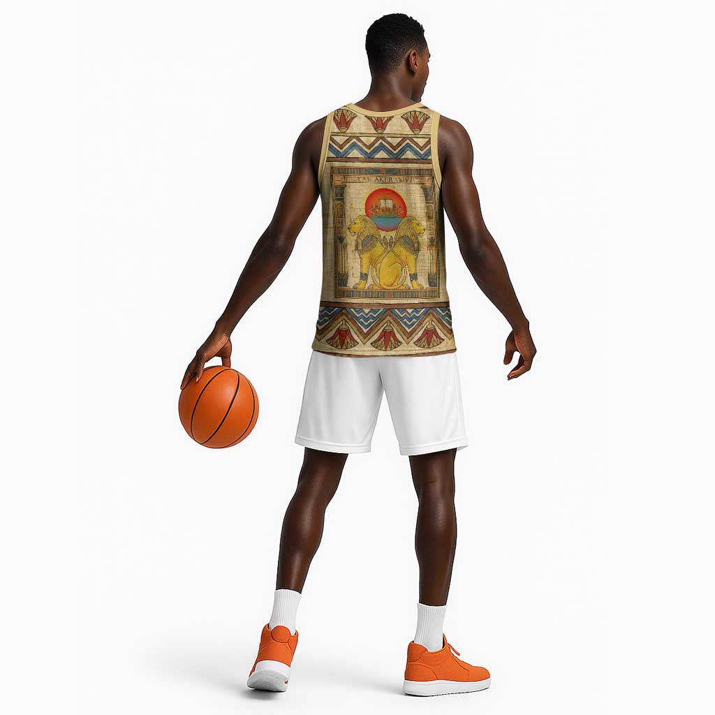 Aker Ancient Egyptian Basketball Jersey with Hieroglyphic Pattern, Pyramid Symbol, and Twin Lion Guardians Motif - Wonder Print Shop