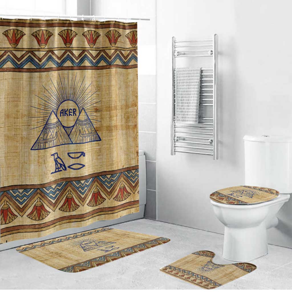 Aker Ancient Egyptian Bathroom Set with Hieroglyphic Pattern, Pyramid Symbol, and Twin Lion Guardians Motif - Wonder Print Shop