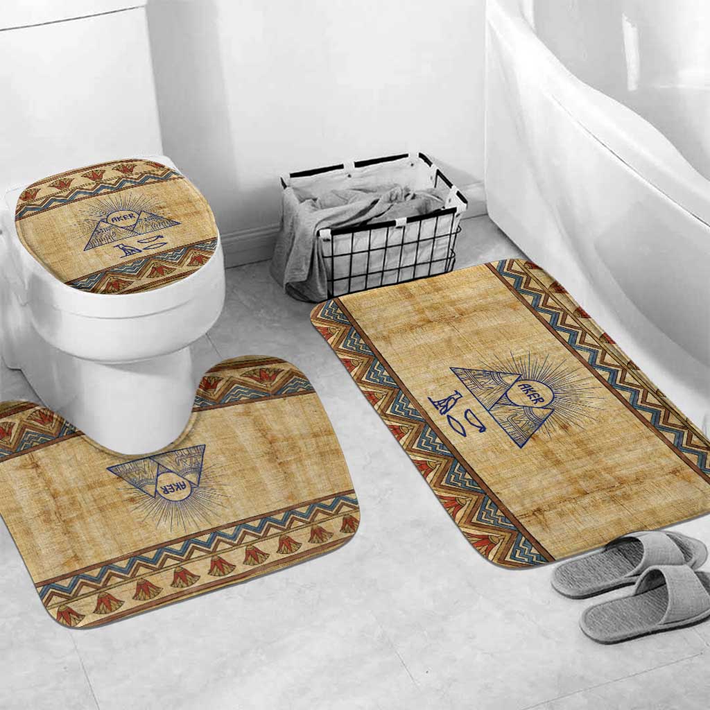 Aker Ancient Egyptian Bathroom Set with Hieroglyphic Pattern, Pyramid Symbol, and Twin Lion Guardians Motif - Wonder Print Shop
