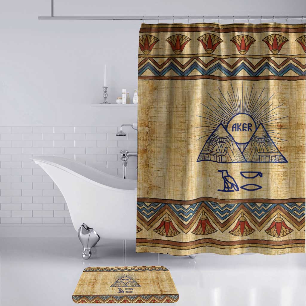 Aker Ancient Egyptian Bathroom Set with Hieroglyphic Pattern, Pyramid Symbol, and Twin Lion Guardians Motif - Wonder Print Shop