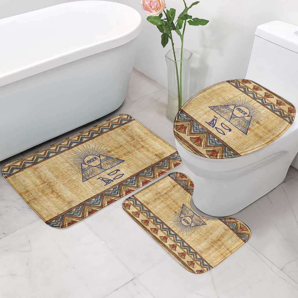 Aker Ancient Egyptian Bathroom Set with Hieroglyphic Pattern, Pyramid Symbol, and Twin Lion Guardians Motif - Wonder Print Shop