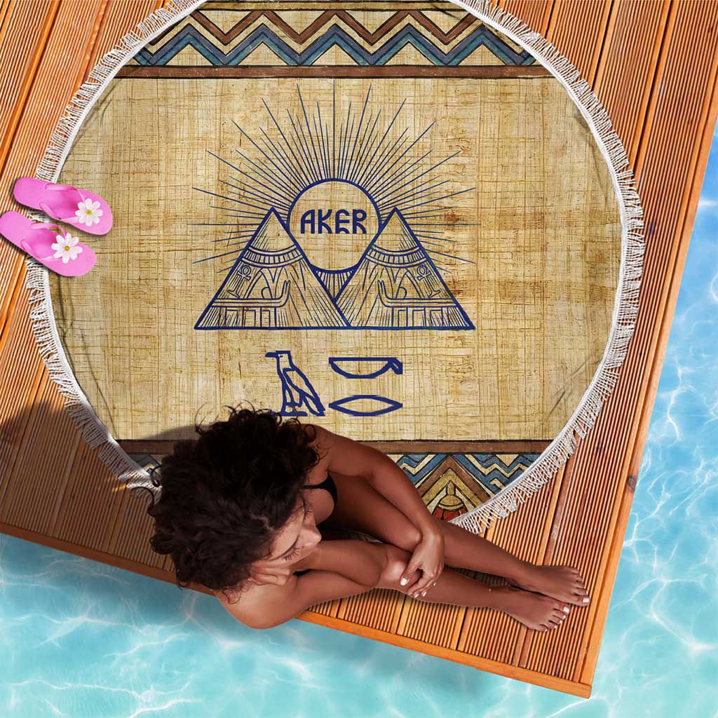 Aker Ancient Egyptian Beach Blanket with Hieroglyphic Pattern, Pyramid Symbol, and Twin Lion Guardians Motif - Wonder Print Shop