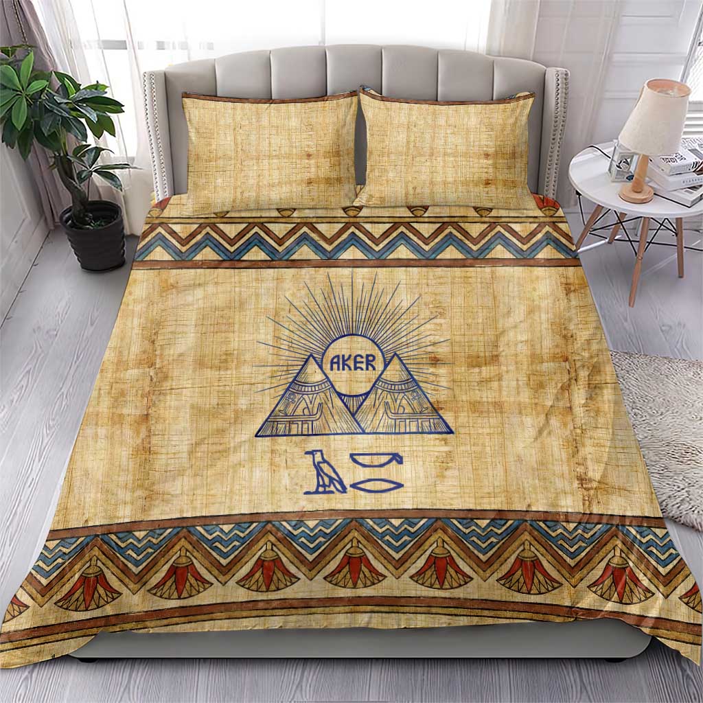 Aker Ancient Egyptian Bedding Set with Hieroglyphic Pattern, Pyramid Symbol, and Twin Lion Guardians Motif - Wonder Print Shop