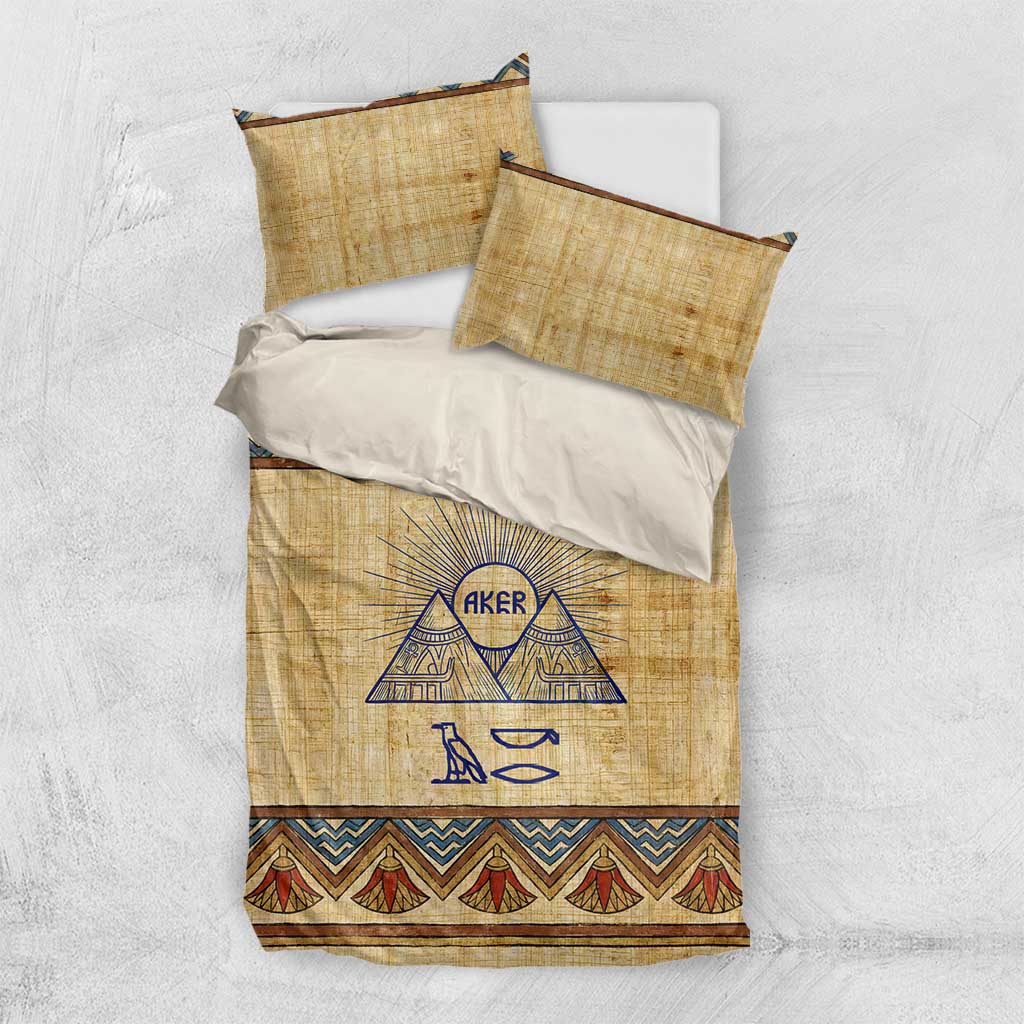 Aker Ancient Egyptian Bedding Set with Hieroglyphic Pattern, Pyramid Symbol, and Twin Lion Guardians Motif - Wonder Print Shop