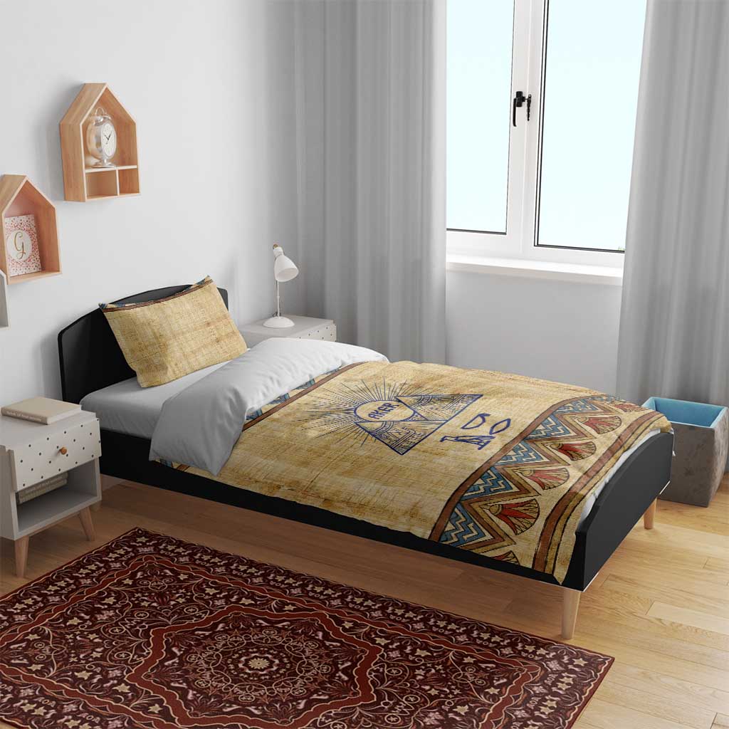 Aker Ancient Egyptian Bedding Set with Hieroglyphic Pattern, Pyramid Symbol, and Twin Lion Guardians Motif - Wonder Print Shop
