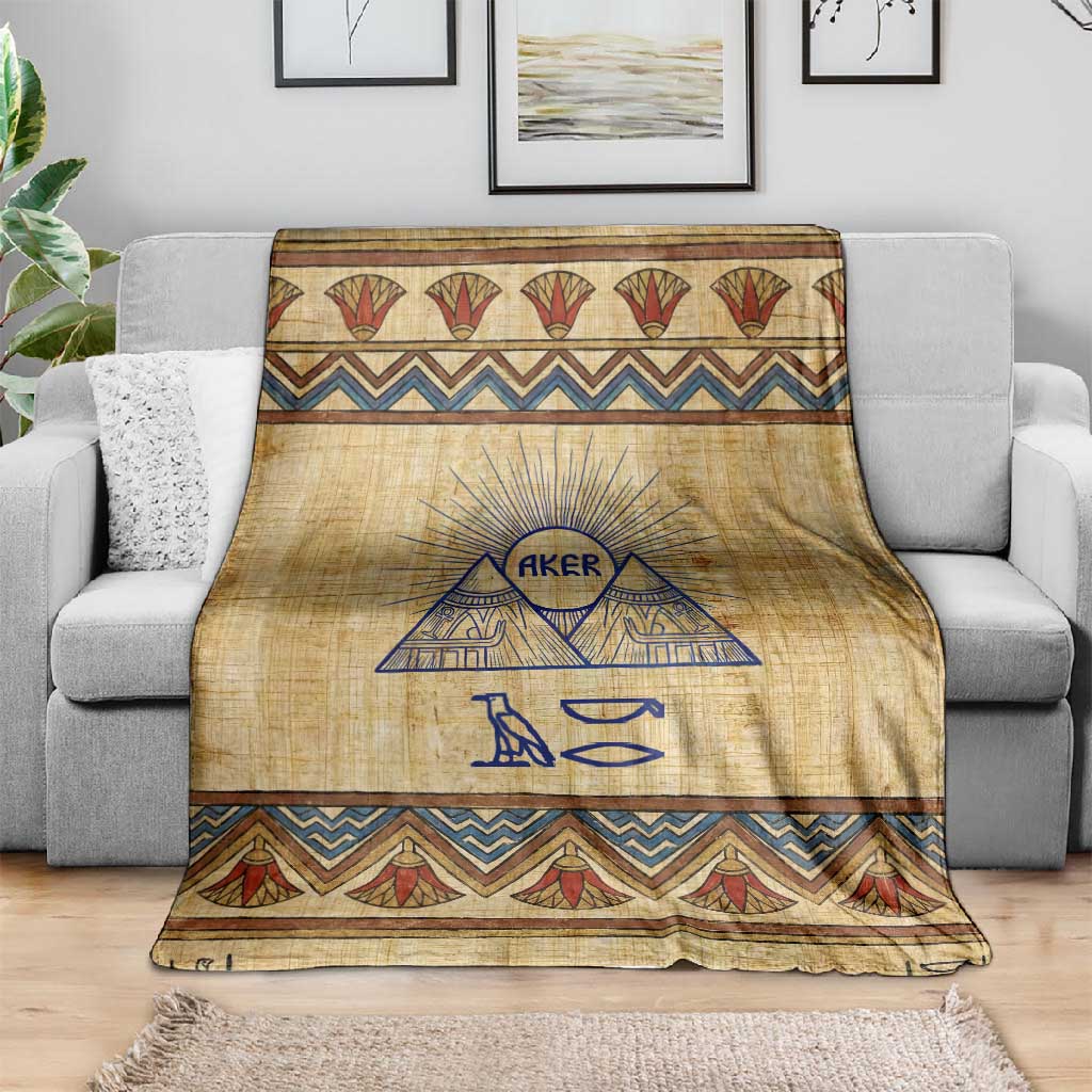 Aker Ancient Egyptian Blanket with Hieroglyphic Pattern, Pyramid Symbol, and Twin Lion Guardians Motif - Wonder Print Shop