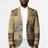 Aker Ancient Egyptian Blazer with Hieroglyphic Pattern, Pyramid Symbol, and Twin Lion Guardians Motif - Wonder Print Shop