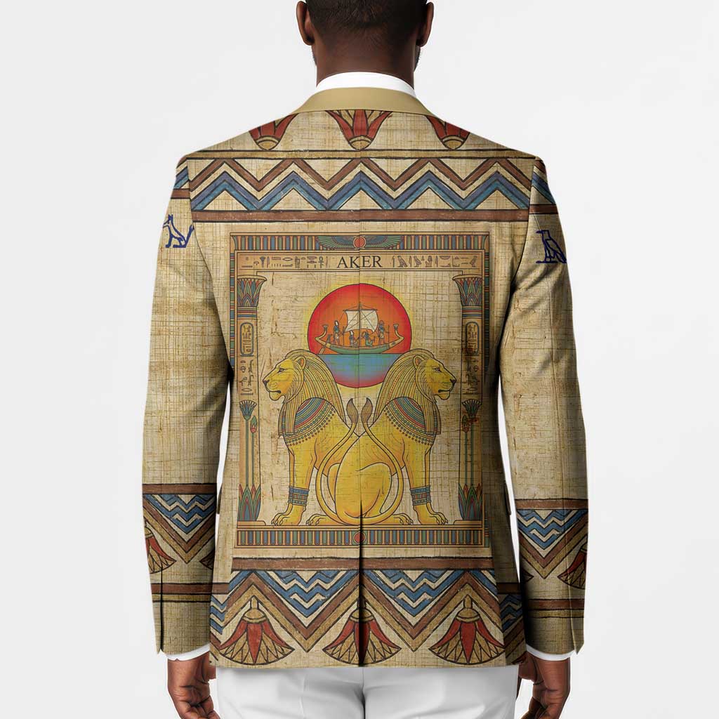 Aker Ancient Egyptian Blazer with Hieroglyphic Pattern, Pyramid Symbol, and Twin Lion Guardians Motif - Wonder Print Shop