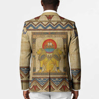 Aker Ancient Egyptian Blazer with Hieroglyphic Pattern, Pyramid Symbol, and Twin Lion Guardians Motif - Wonder Print Shop