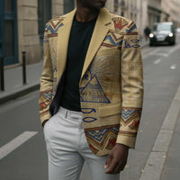Aker Ancient Egyptian Blazer with Hieroglyphic Pattern, Pyramid Symbol, and Twin Lion Guardians Motif - Wonder Print Shop