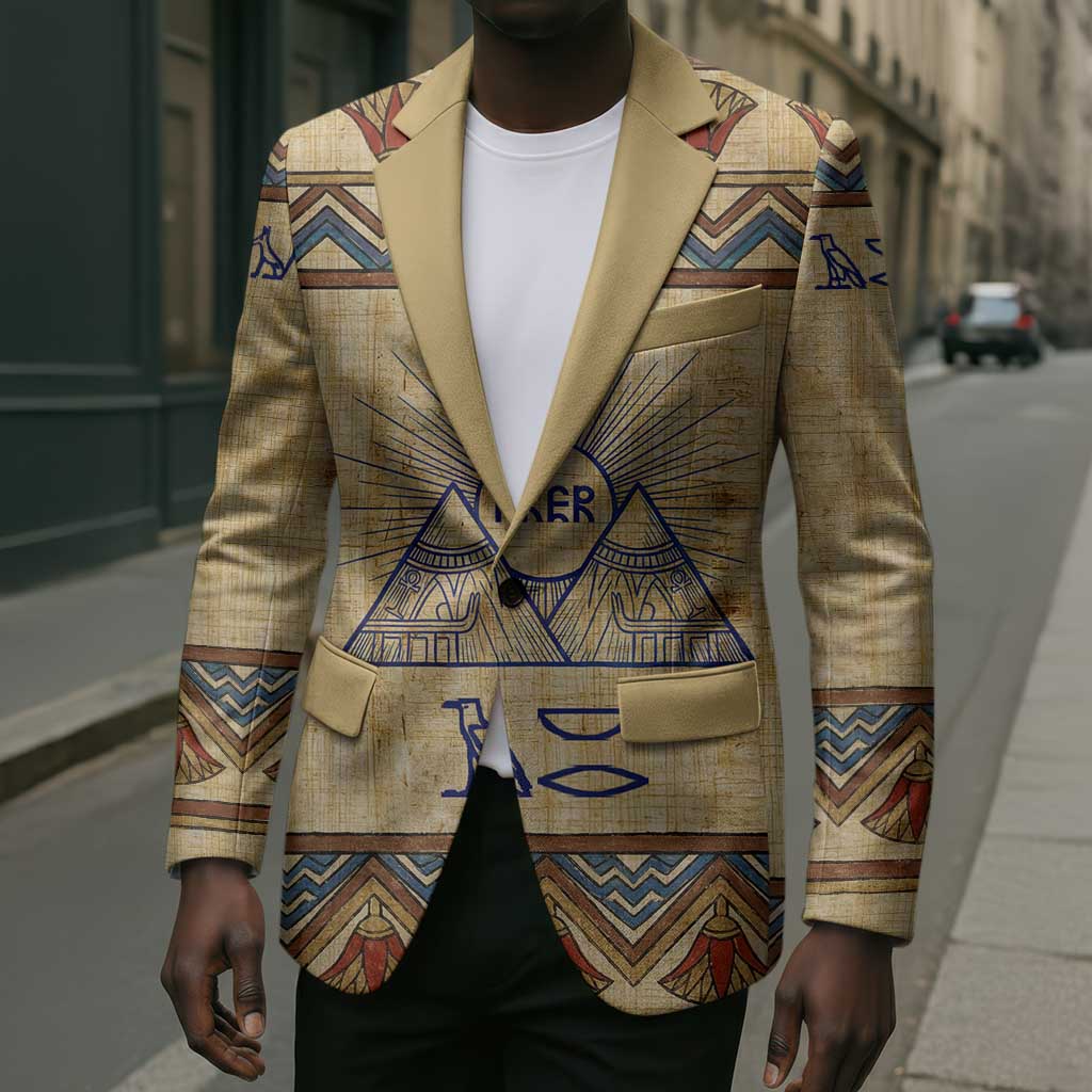 Aker Ancient Egyptian Blazer with Hieroglyphic Pattern, Pyramid Symbol, and Twin Lion Guardians Motif - Wonder Print Shop