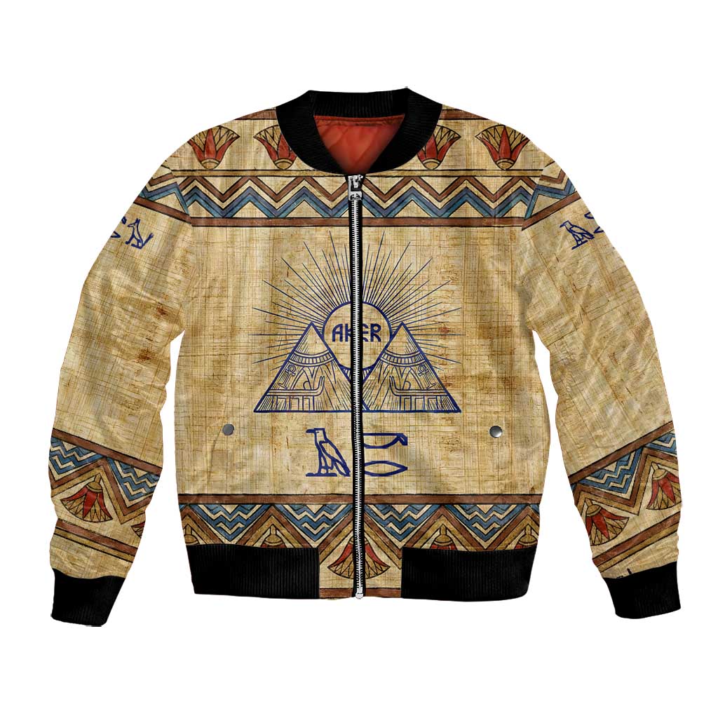 Aker Ancient Egyptian Bomber Jacket with Hieroglyphic Pattern, Pyramid Symbol, and Twin Lion Guardians Motif - Wonder Print Shop