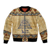 Aker Ancient Egyptian Bomber Jacket with Hieroglyphic Pattern, Pyramid Symbol, and Twin Lion Guardians Motif - Wonder Print Shop
