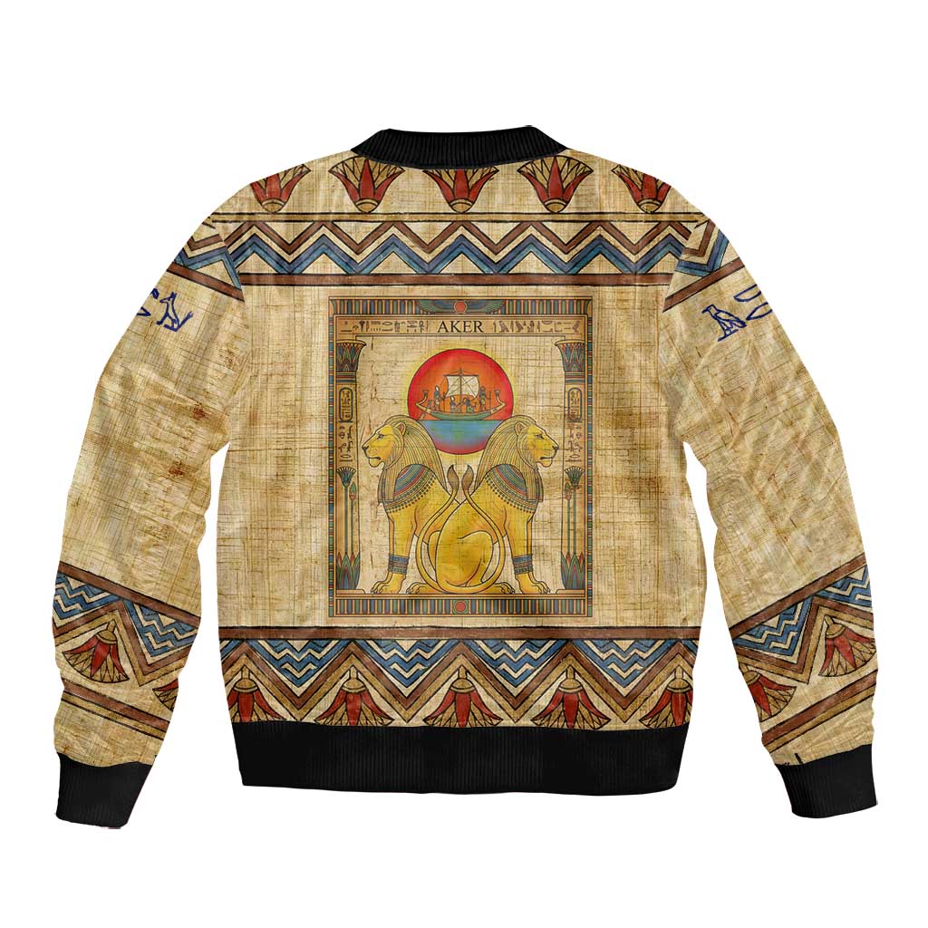 Aker Ancient Egyptian Bomber Jacket with Hieroglyphic Pattern, Pyramid Symbol, and Twin Lion Guardians Motif - Wonder Print Shop