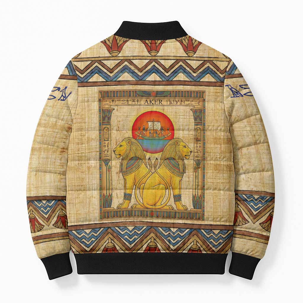Aker Ancient Egyptian Bomber Puffer Jacket with Hieroglyphic Pattern, Pyramid Symbol, and Twin Lion Guardians Motif - Wonder Print Shop