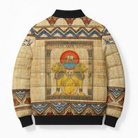 Aker Ancient Egyptian Bomber Puffer Jacket with Hieroglyphic Pattern, Pyramid Symbol, and Twin Lion Guardians Motif - Wonder Print Shop