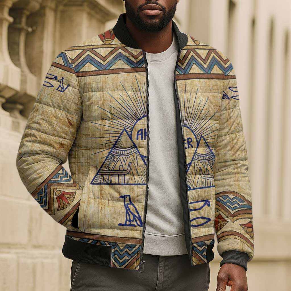 Aker Ancient Egyptian Bomber Puffer Jacket with Hieroglyphic Pattern, Pyramid Symbol, and Twin Lion Guardians Motif - Wonder Print Shop