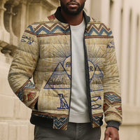 Aker Ancient Egyptian Bomber Puffer Jacket with Hieroglyphic Pattern, Pyramid Symbol, and Twin Lion Guardians Motif - Wonder Print Shop